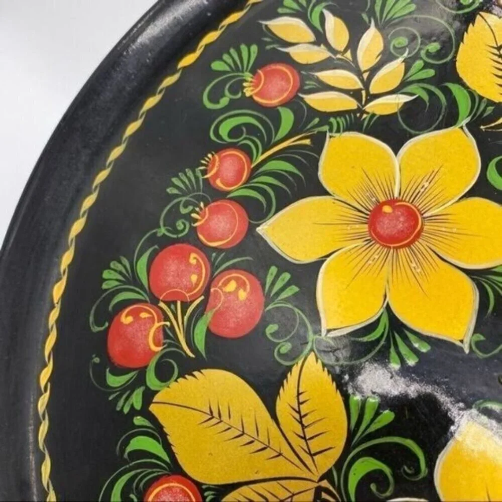 Vintage Russian Lacquerware Hand Painted Red and Gold Floral Plate
